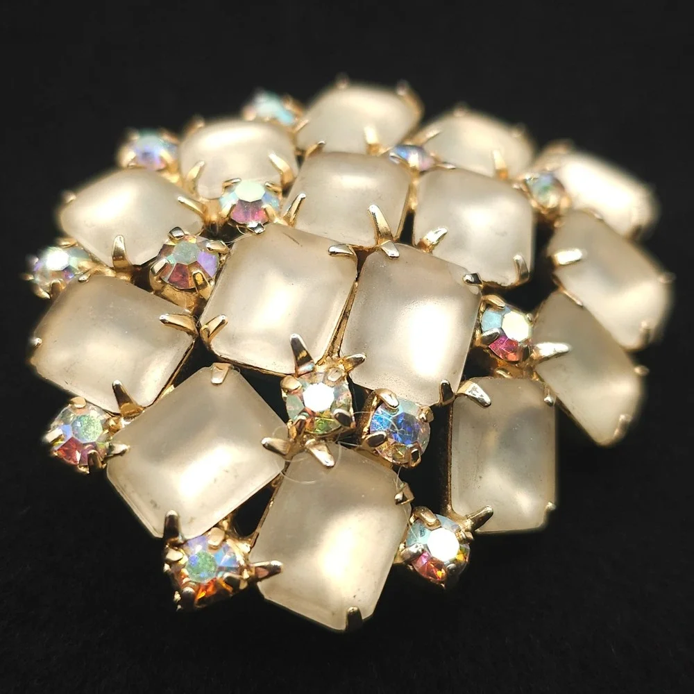 Vtg Frosted Glass Aurora Borealis Rhinestone Brooch Statement Gold Tone Wedding
